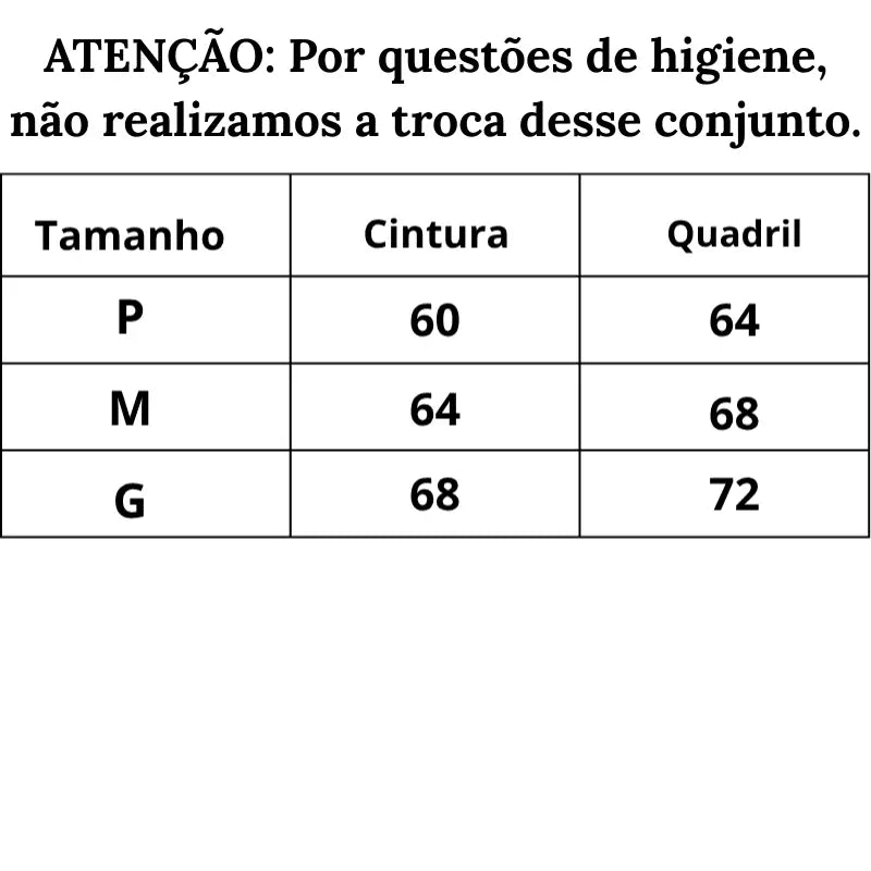 Tabela de Medidas Body Sensual Despertar Feminino do P ao G