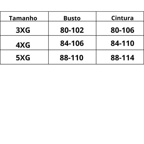 Tabela de medidas Body Sensual Plus Size Up do 3XG ao 5XG