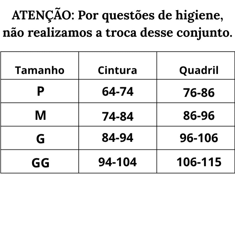 Tabela de Medidas Calcinha Liberdade íntima do P ao GG