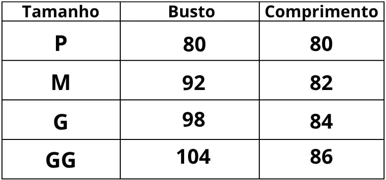 Tabela de medidas Camisola Sedosa Wilk do P ao GG