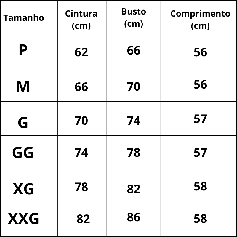 Tabela de Medidas Cinta Modeladora Feminina SlimForce do P ao XXG