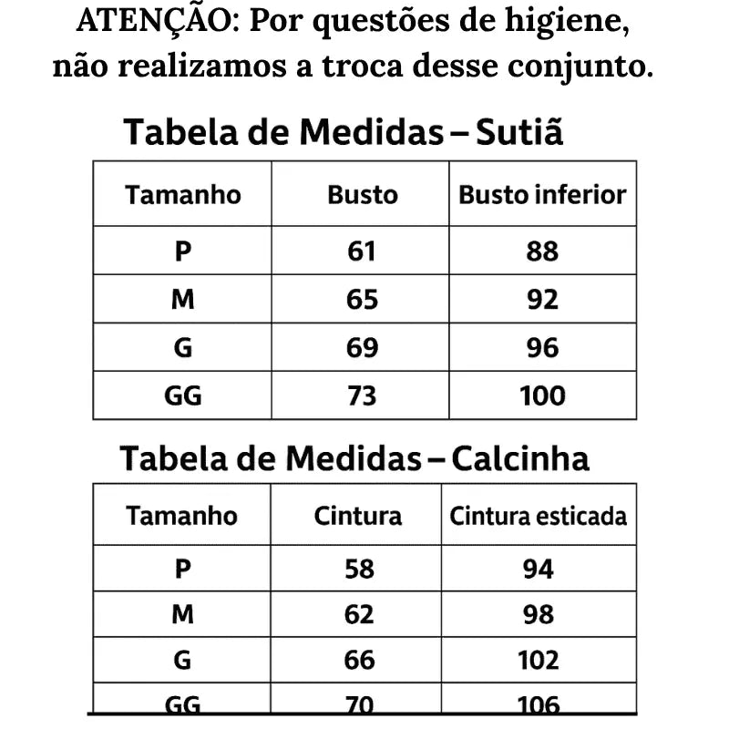 Tabela de Medidas Conjunto Calcinha Sutia Florido Elegância Absoluta do P ao GG
