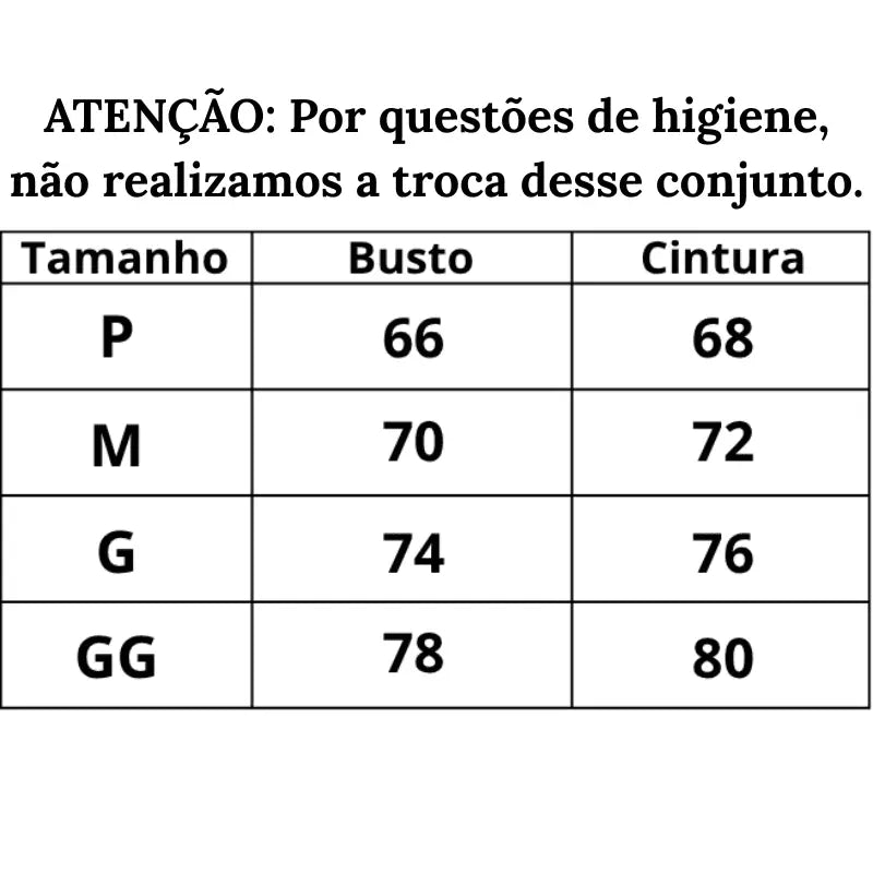 Tabela de Medidas Conjunto Lingerie Desejo Secreto do P ao GG