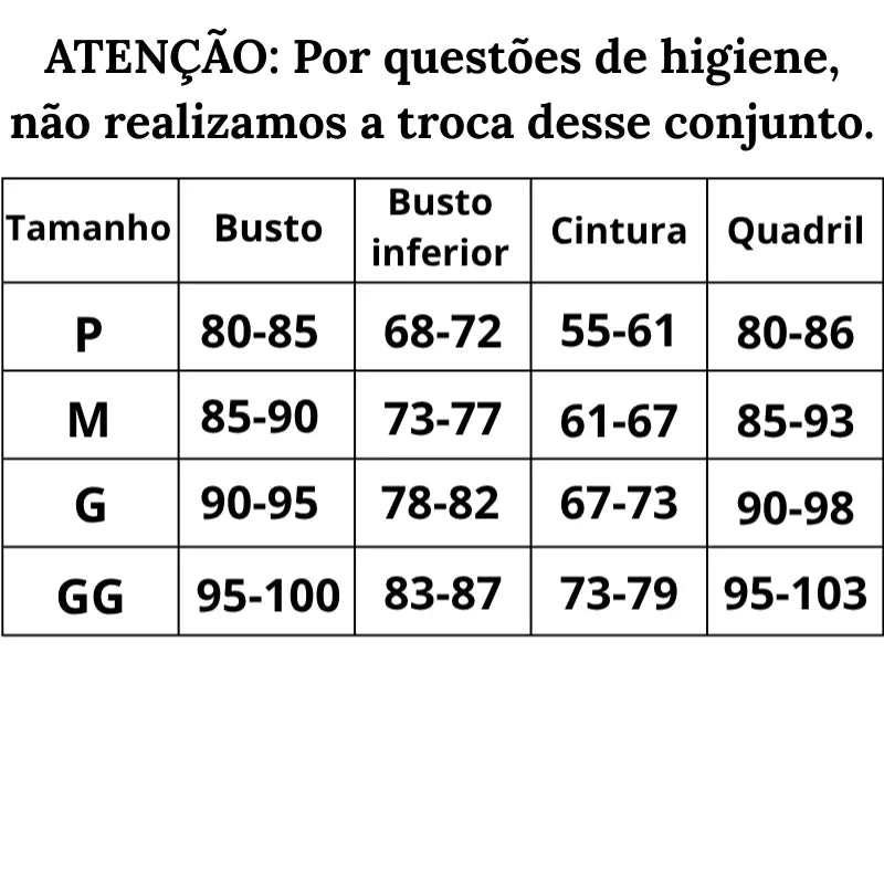 Tabela de Medidas Conjunto Lingerie Francesa do P ao GG