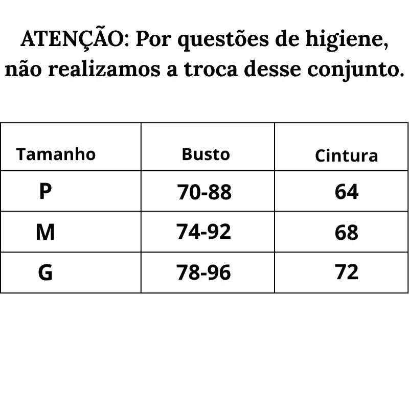 Tabela de Medidas Conjunto Lingerie Seduction Elite do P ao G