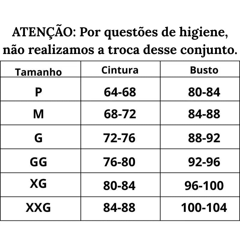 Tabela de Medidas Conjunto Lingerie dos Sonhos do P ao XXG