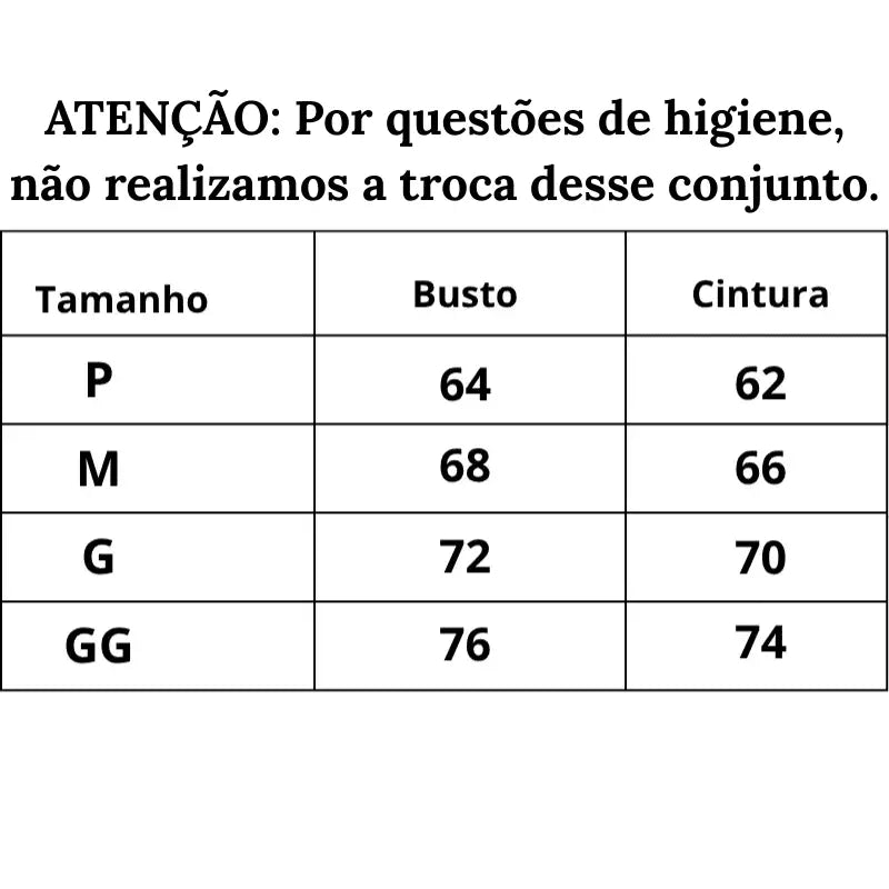 Tabela de Medidas Conjunto Rendado Day Long do P ao GG