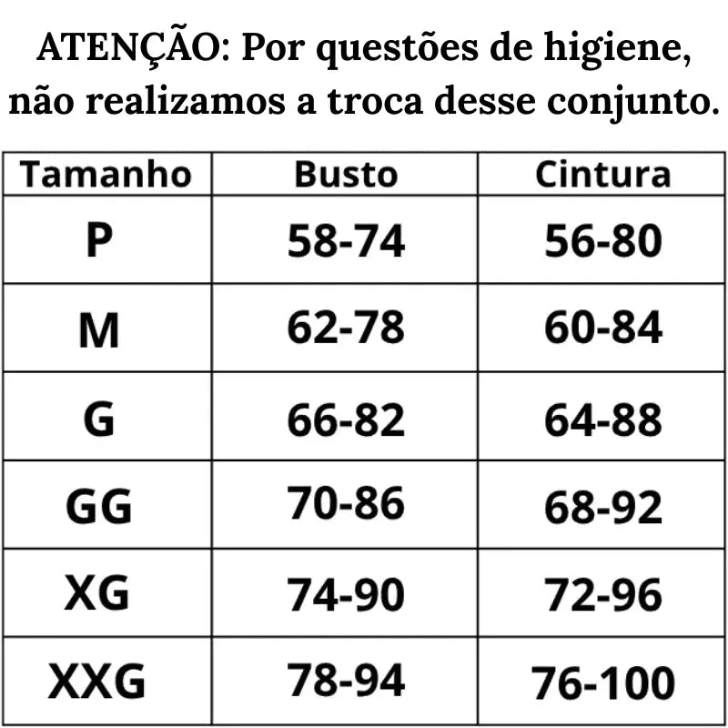Tabela de Medidas Conjunto Sedução Rendada do P ao GG