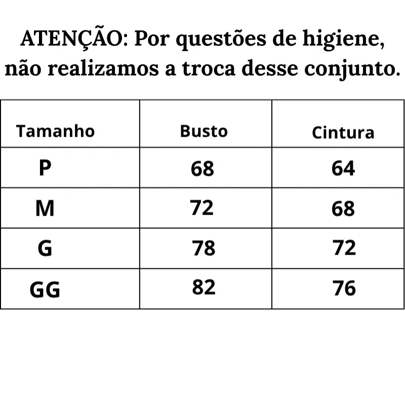 Tabela de Medidas Conjunto Sensual Rendado do P ao GG