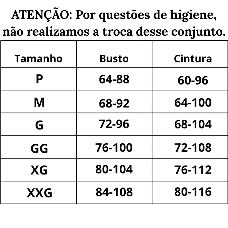 Tabela de Medidas Conjunto de Lingerie Liberdade Íntima do P ao XXG