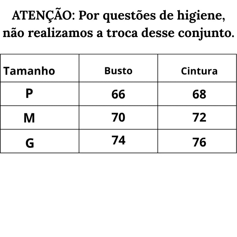 Tabela de Medidas Conjunto de Lingerie Mystique do P ao G 