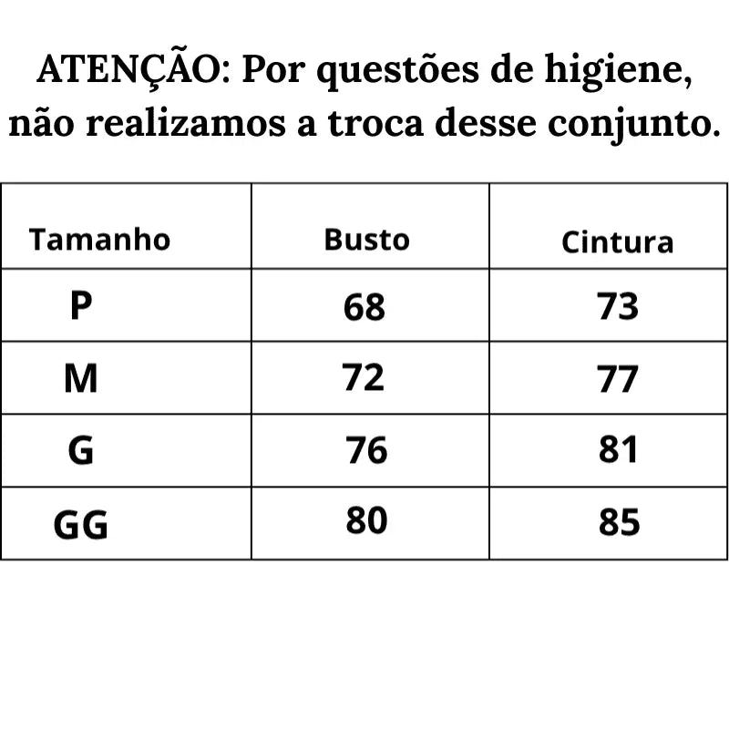 Tabela de Medidas Conjunto Sensual Lune do P ao GG