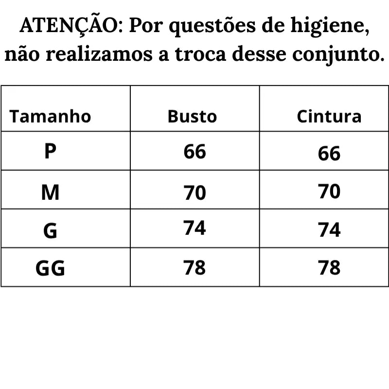 Tabela de Medidas Conjunto de Lingerie Suprema do P ao GG