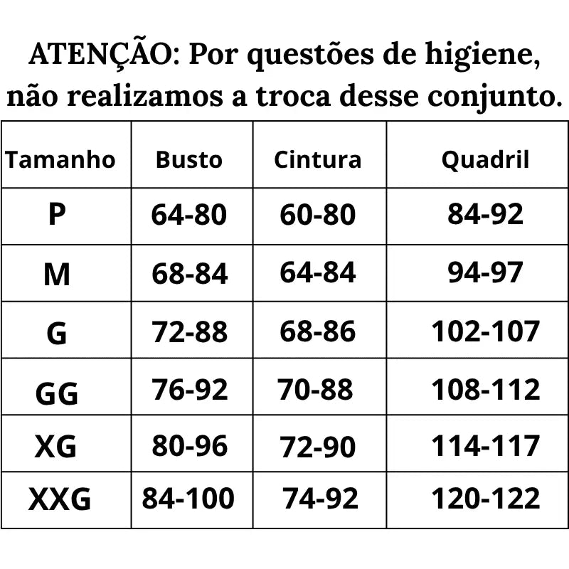 Tabela de Medidas Lingerie Decisão Certad P ao XXG
