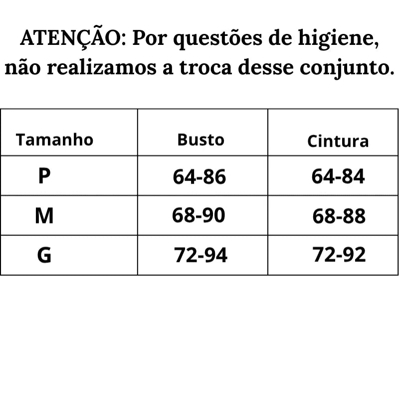 Tabela de Medidas Lingerie Elegância Sexy do P ao G 