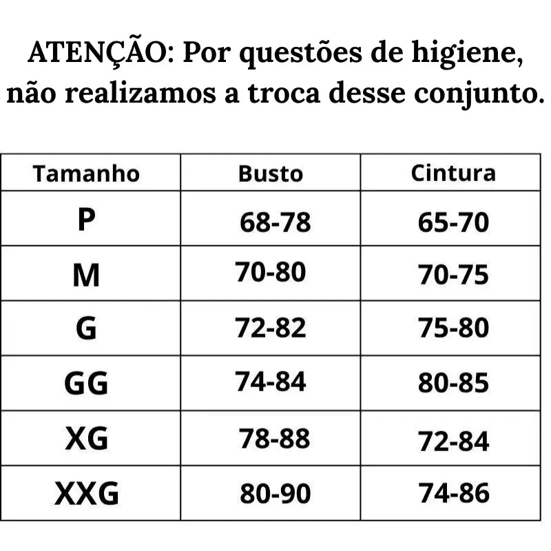 Tabela de medidas Lingerie Mistério em Renda do tamanho P ao XXG 