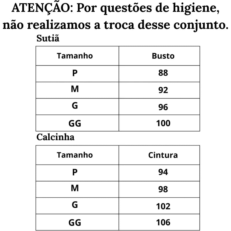 Tabela de Medidas Lingerie de Luxo Rendada Sensual Feitiço Dourado do P ao GG