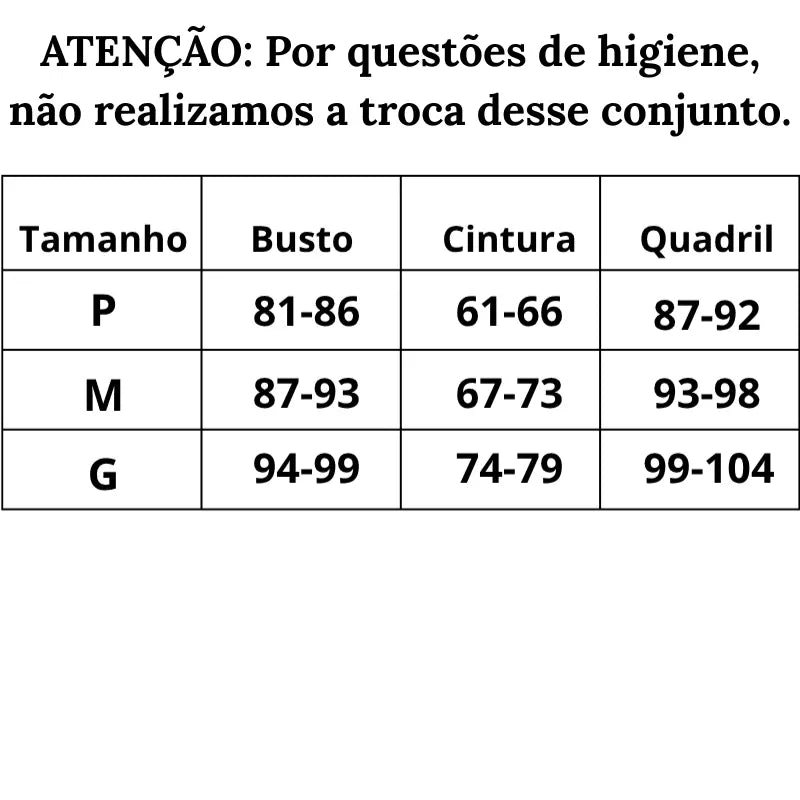 Tabela de Medidas Maiô Cavado Corrente Sublime do P ao G 