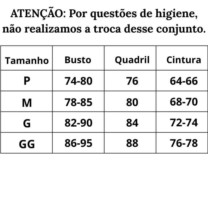Tabela de Medidas Maiô Feminino Elegante com Cinto Decorativo Luxo Supreme do P ao GG