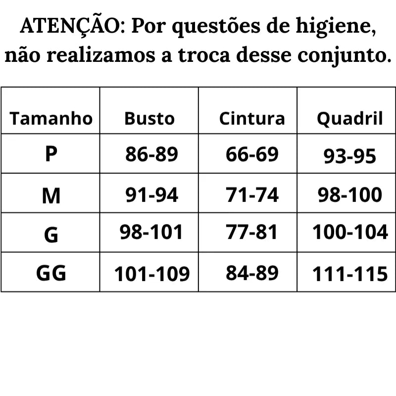 Tabela de Medidas Maiô Sensuale Premium do P ao GG
