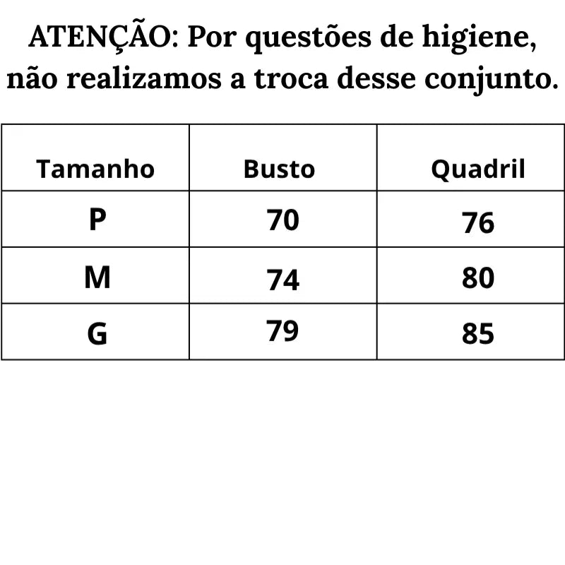 Tabela de Medidas Maiô Recorte Autêntico do P ao G
