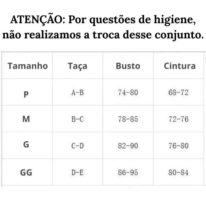Tabela de Medidas Maiô Sofisticação do P ao GG