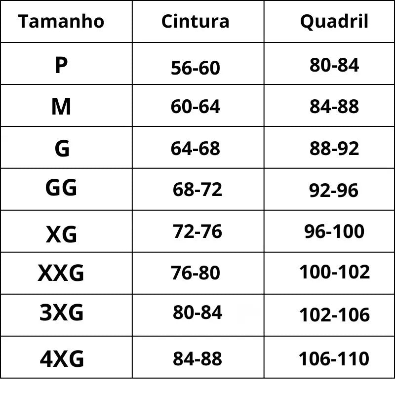 Tabela de Medidas Short_Cinta_Modeladora_Alta_Compress_o_Velmora do P ao 4XG