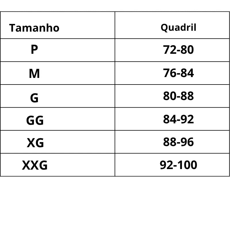 Tabela de Medidas Short Modelador Bumbum Turbinado do P ao XXG