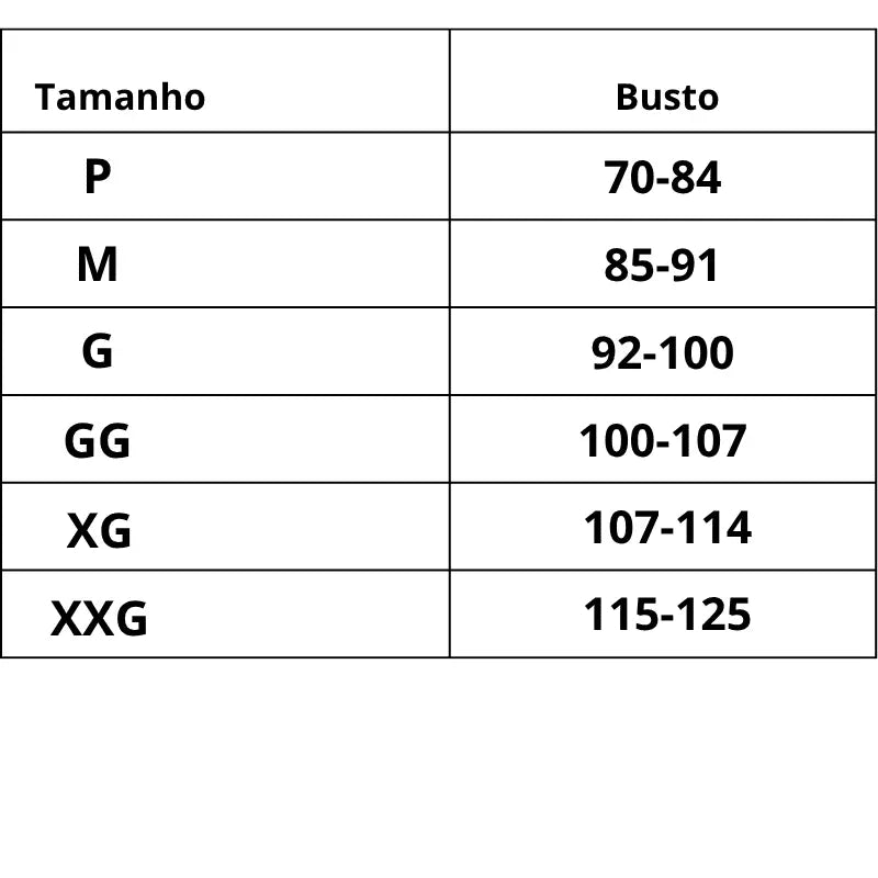 Tabela de Medidas Sutiã Esportivo FlexFit do P ao XXG