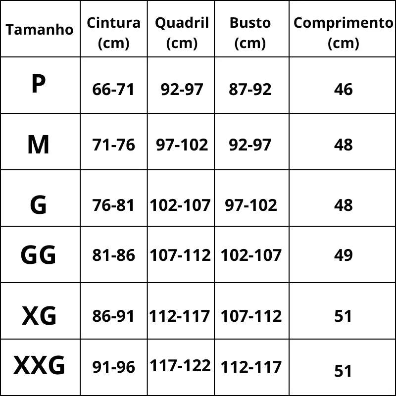 Tabela de Mediddas Body Modelador Tomara Que Caia CurvaSlim 2 em 1 do P ao XXG