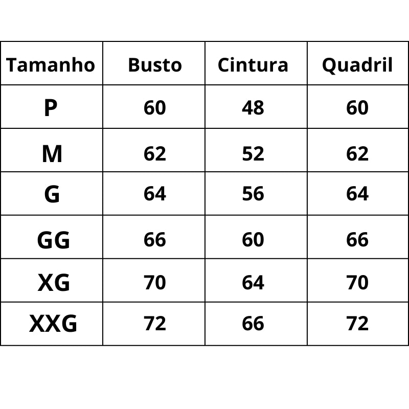 Tabela de Tamanho Body Modelador Feminino Lipocurve do P ao XXG