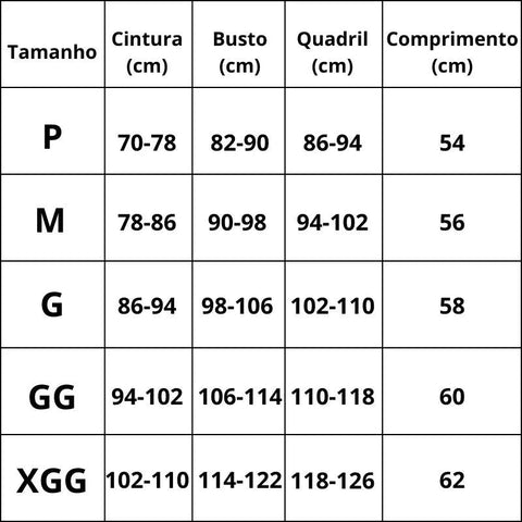 Tabela de medidas de tamanhos femininos com informações sobre cintura, busto, quadril e comprimento em centímetros.
