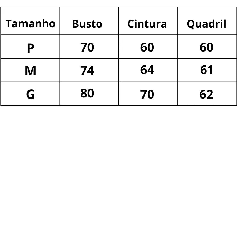 Tabela de Tamanhos Saída de Praia Luna Artesanal do P ao G