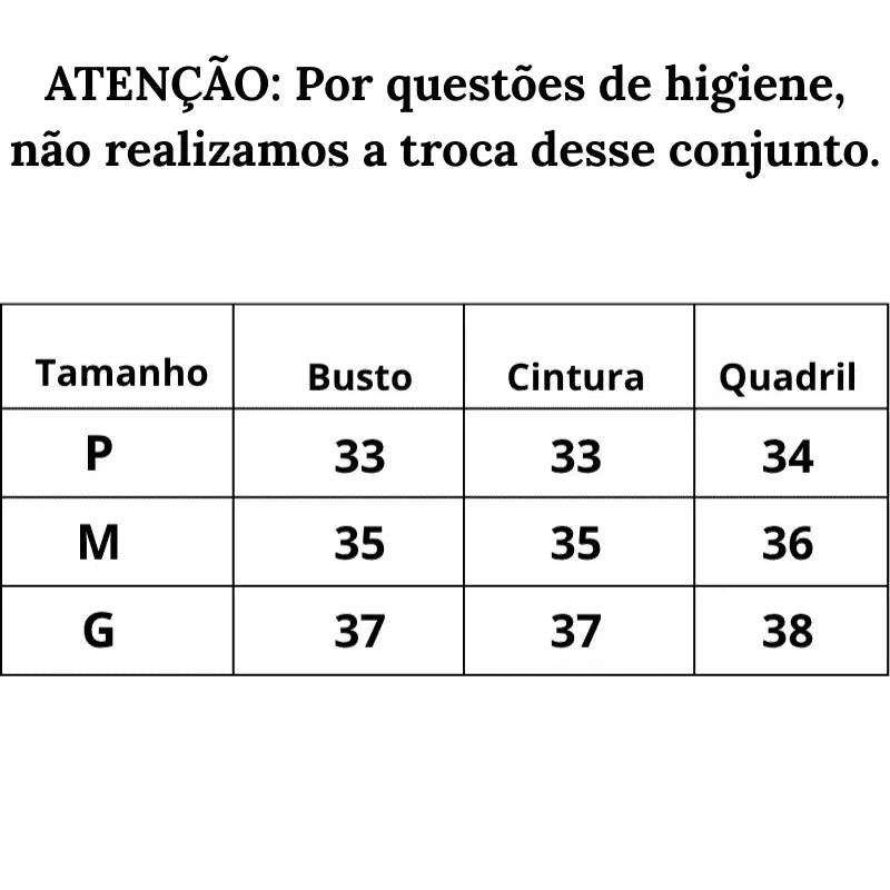 Tabela de medidas Bikini Fio Dental Thong do P ao G