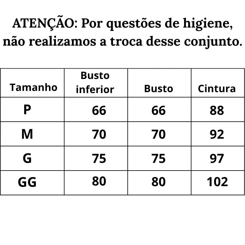 Tabela de medidas Biquíni Feminino Cintura Alta Y2K P ao GG