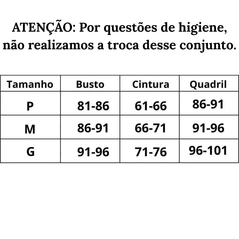 Tabela de medidas Biquíni Luxo Tropical do P ao G