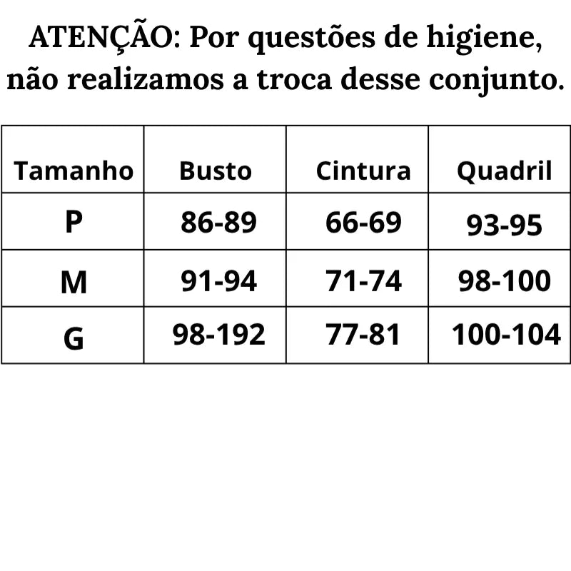 Tabela de medidas Biquíni fio dental Contorno Radiante do P ao G
