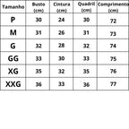 Tabela de medidas de roupas com detalhes sobre busto, cintura, quadril e comprimento em diferentes tamanhos.