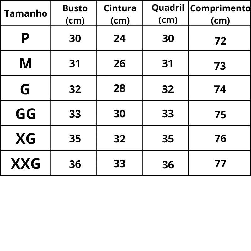 Tabela de medidas de roupas com detalhes sobre busto, cintura, quadril e comprimento em diferentes tamanhos.