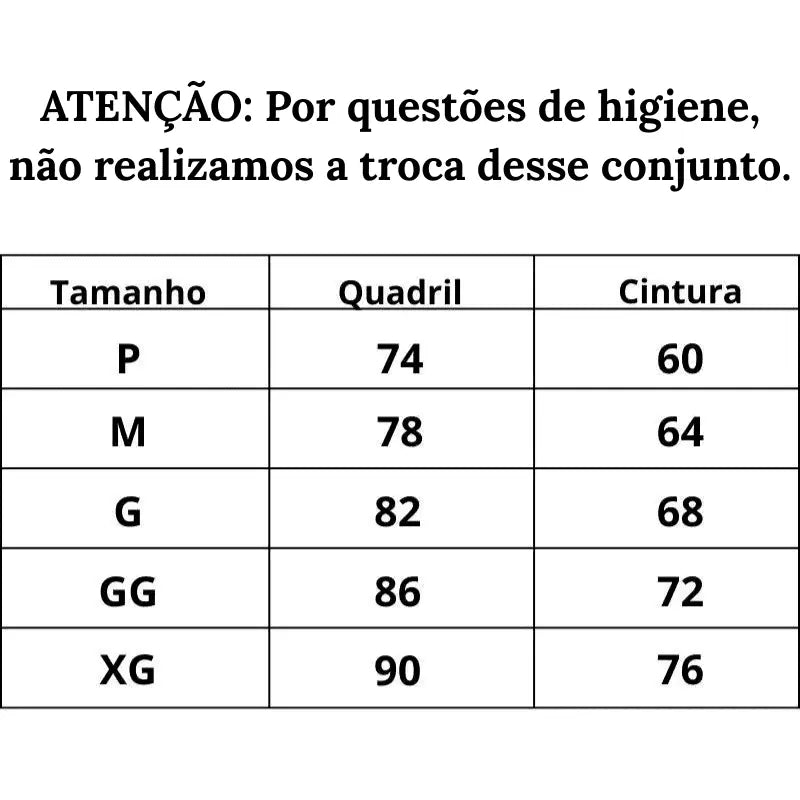 Tabela de medidas Calcinha Absorvente MenstruSafe do P ao XG