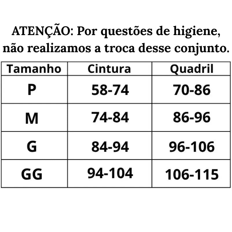 Tabela de medidas Calcinha Bioflex Confort do P ao GG