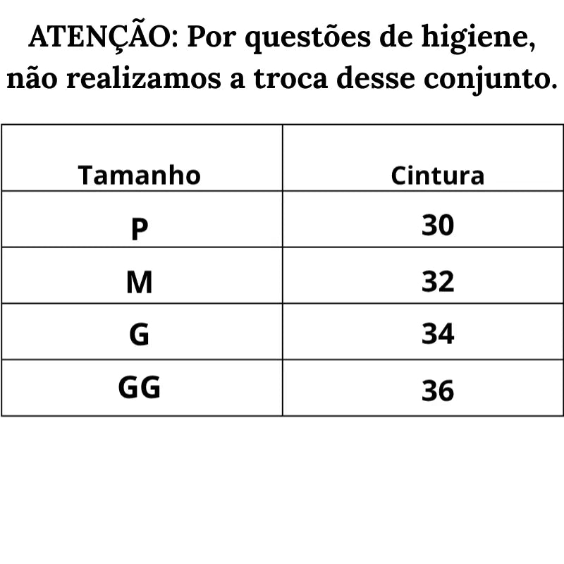 Tabela de medidas Calcinha Poder Invisível do P ao GG