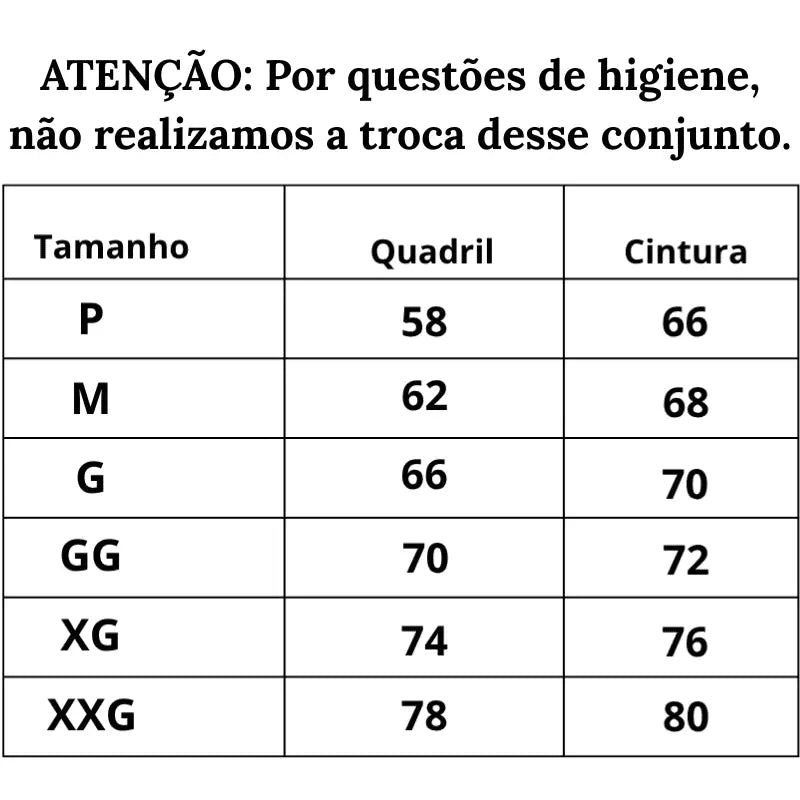 Tabela de medidas Calcinha Rendada Eterna do P ao XXG