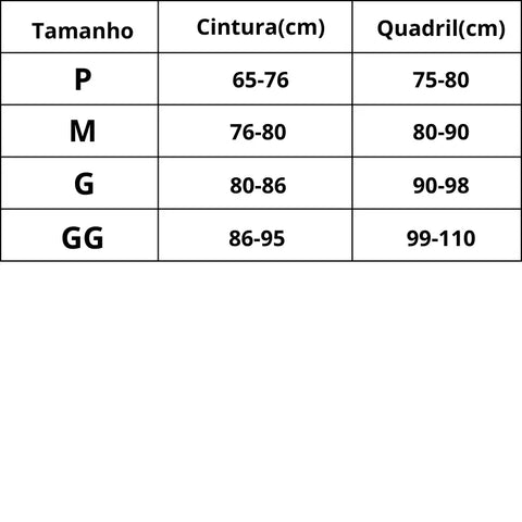 Esta imagem mostra uma tabela de tamanhos para lingerie ou roupas íntimas femininas. A tabela tem três colunas principais - Tamanho, Cintura e Quadril. As linhas listam as diferentes designações de tamanho - P (pequeno), M (médio), G (grande), GG (extra grande) - e as medidas correspondentes em centímetros para cada um