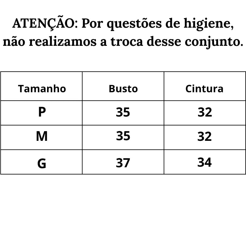 Tabela de medidas Conjunto Rendado Intimidade do P ao G
