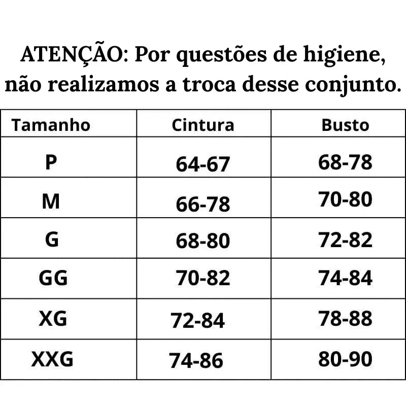  Tabela de medidas Conjunto Sedução Exótica do P ao XXG