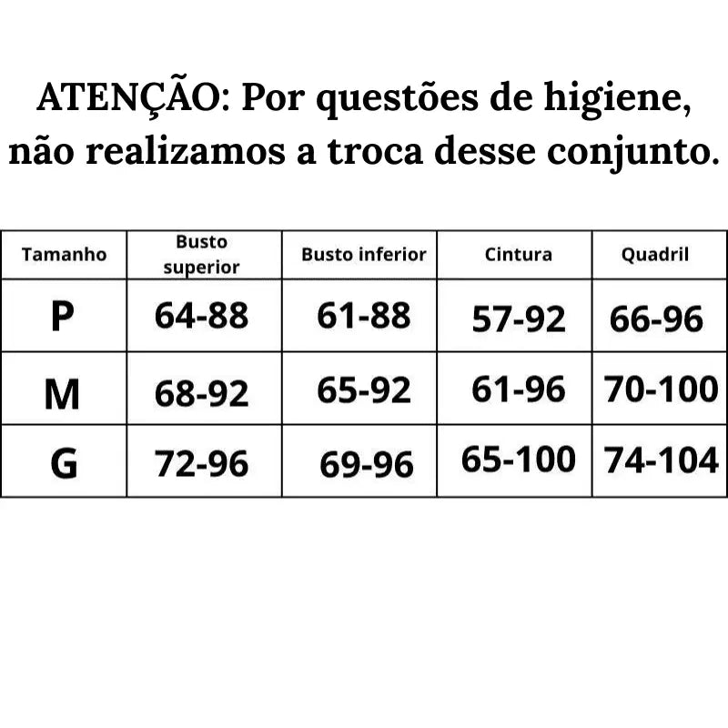 medidas para os diferentes tamanhos de busto, cintura e quadril o P o G