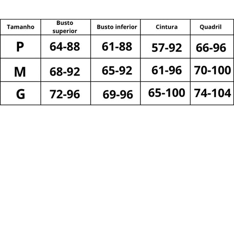medidas para os diferentes tamanhos de busto, cintura e quadril