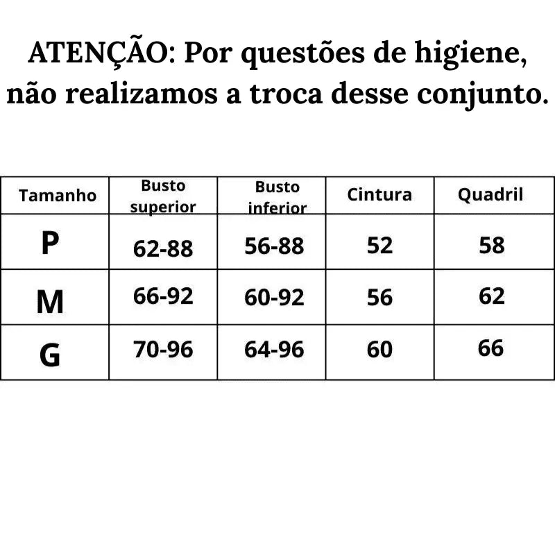 Tabela de medidas Lingerie Laço Delicado P ao G