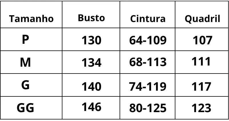 Tabela de medidas Pijama Aconchego Premium do P ao GG